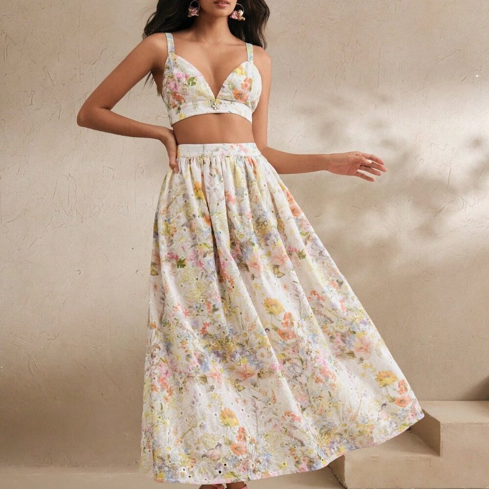 Multicolor Elegant Floral Women's Sexy Camisole Top & Long Skirt Set - Picture 7 of 7